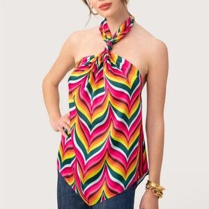 Trina Turk colorful halter top medium new nwt flowy satin handkerchief hem